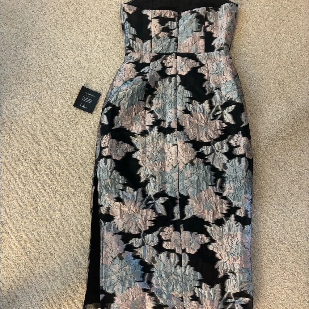 Lulus Upgraded Event Black Jacquard Strapless Bustier Midi Dress - Picture 3 of 5